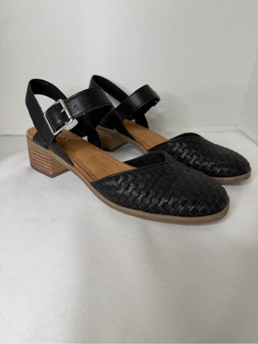 Toms Jaclyn Black Woven Low Block Heel Slingback Mary Jane’s Size 8